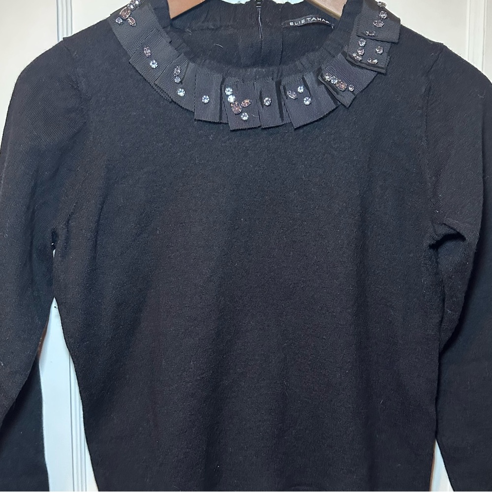 Elie Tahari Beaded Neckline Black Merino Wool Sweater